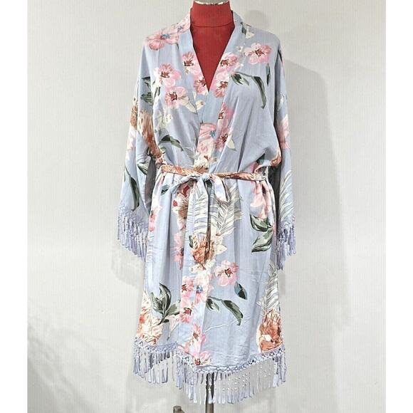 Romantic kimono wrap robe Boho blue pink floral soft cotton lace tassel trim OS - Picture 1 of 11